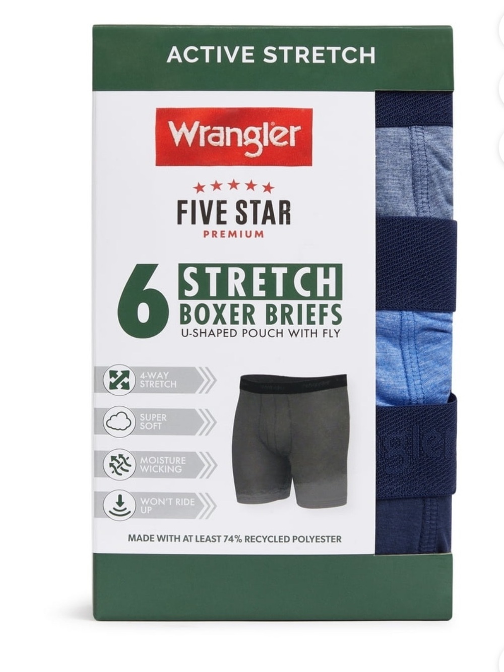 Wrangler Men's Active Stretch Boxer Brief 6PACK Underwear XL